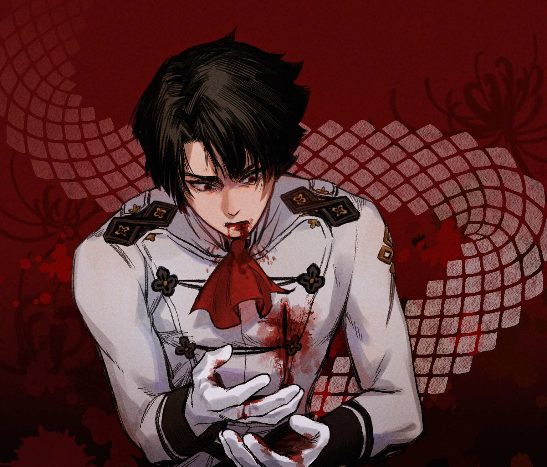 1boy ace_attorney ascot black_eyes black_hair blood blood_from_mouth blood_on_clothes blood_on_face blood_splatter chinese_commentary commentary_request flower gloves highres jacket kaze_(yznyttdgs) kazuma_asogi long_sleeves male_focus open_mouth red_ascot red_background short_hair solo spider_lily the_great_ace_attorney upper_body white_gloves white_jacket