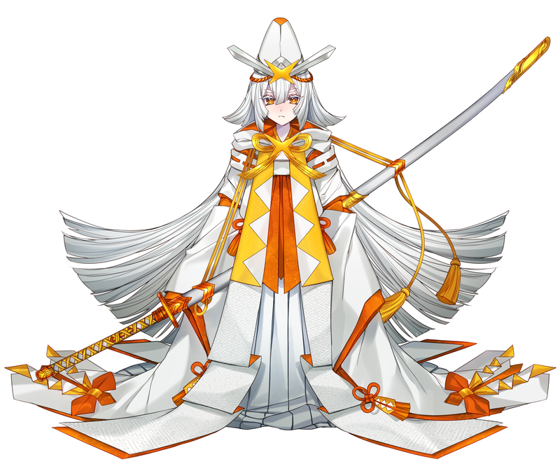 &gt;:( 1girl closed_mouth colored_eyelashes frown full_body gen_7_pokemon hair_between_eyes hat kartana katagiri_hachigou long_hair long_sleeves nintendo ootachi orange_eyes personification pokemon sheath simple_background sleeves_past_fingers sleeves_past_wrists solo sword tassel ultra_beast v-shaped_eyebrows very_long_hair weapon white_background white_hair white_hat wide_sleeves