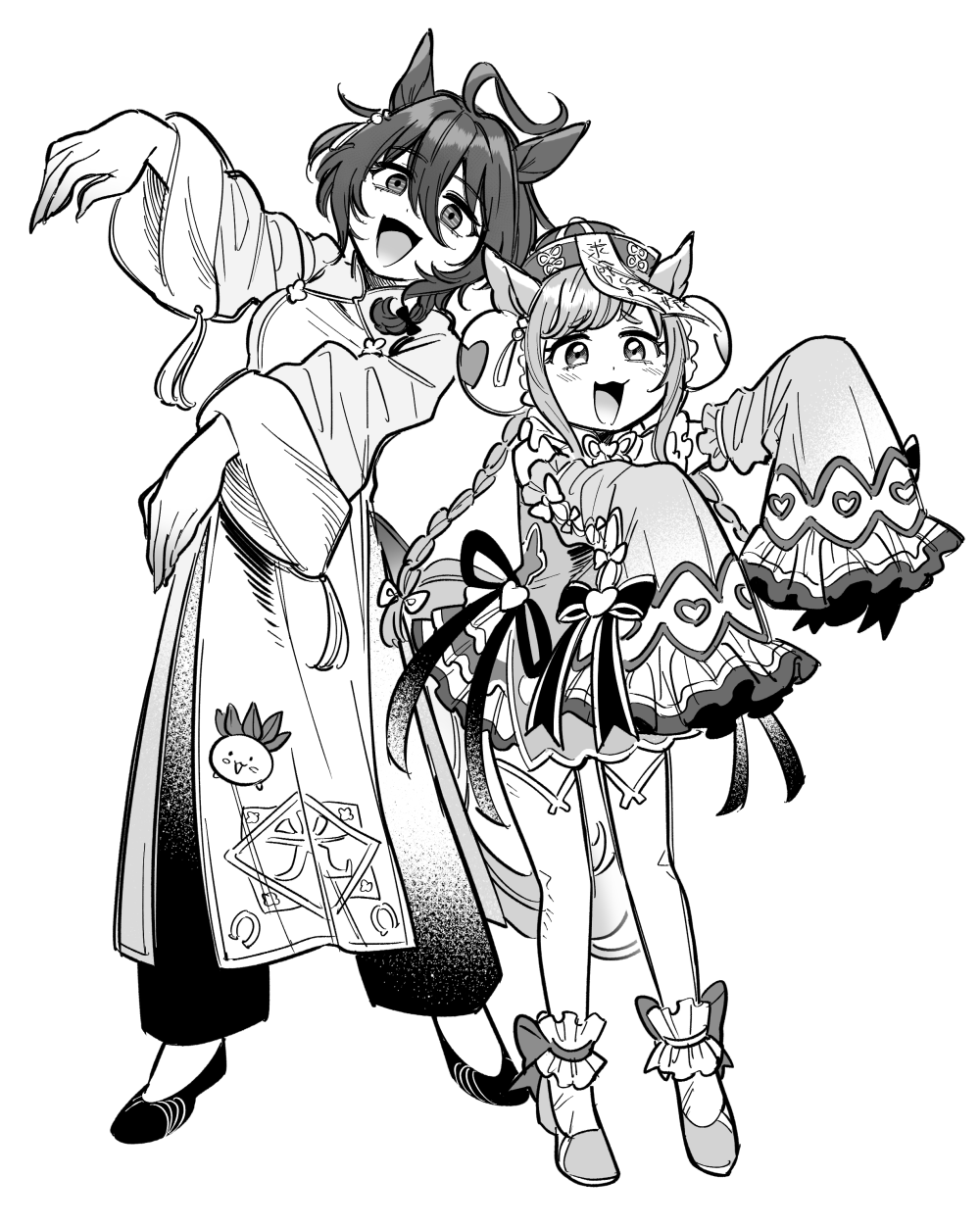 2girls agnes_digital_(umamusume) agnes_tachyon_(umamusume) ahoge alternate_hairstyle animal_ears ankle_garter braid changpao chinese_clothes commentary double_bun dress_ribbon frilled_sleeves frills full_body greyscale hair_between_eyes hair_bun hair_over_shoulder hat highres horse_ears horse_girl jiangshi_costume kii-kun_(agnes_tachyon)_(umamusume) long_hair long_sleeves mandarin_collar medium_hair monochrome multiple_girls navel neck_ribbon official_alternate_costume official_alternate_hairstyle open_mouth outstretched_arms pants qingdai_guanmao ribbon side_slit sleeves_past_fingers sleeves_past_wrists tail talisman thighhighs twin_braids umamusume yokuko_zaza zombie_pose