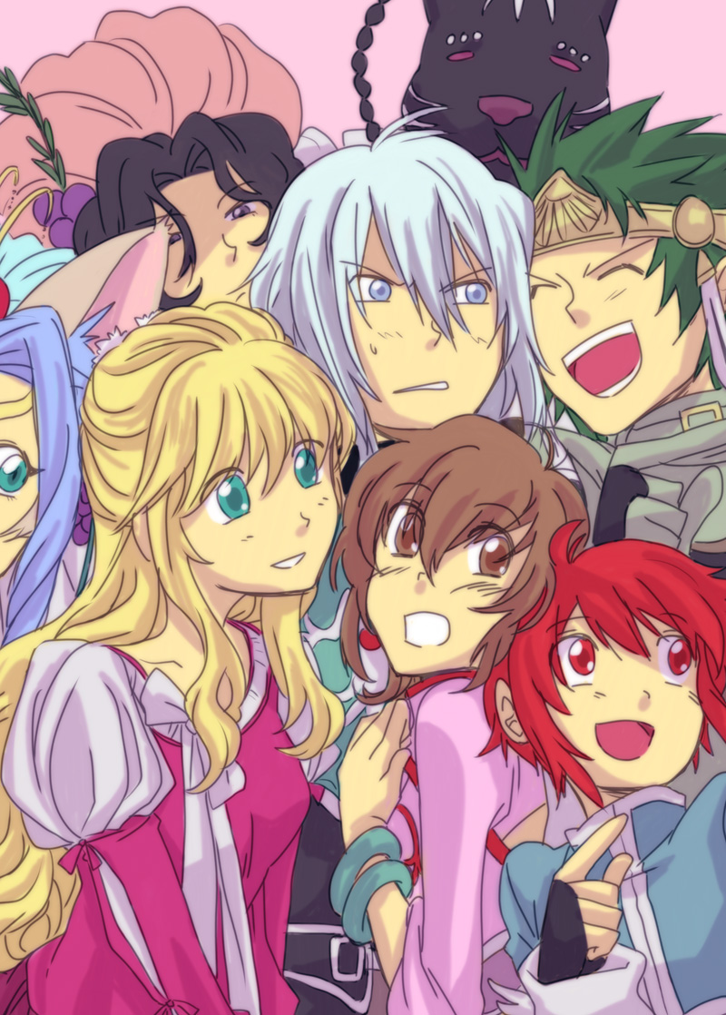 4boys 4girls agarte_lindblum animal_ears annie_barrs aqua_eyes black_hair blonde_hair blue_eyes blue_hair blush bracelet breasts brown_eyes brown_hair claire_bennett closed_eyes eugene_gallardo gloves green_hair happy hat headband hilda_rhambling jewelry long_hair mao_(tales) multiple_boys multiple_girls open_mouth purple_eyes red_eyes red_hair short_hair simple_background smile tales_of_(series) tales_of_rebirth tytree_crowe veigue_lungberg