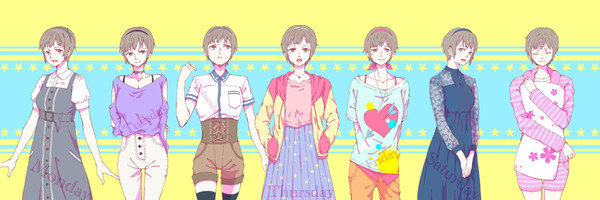 6+girls :d :o alternate_costume alternate_hairstyle arrow_(projectile) bare_shoulders black_headband black_legwear blue_dress blue_headband brown_eyes brown_hair coat dress female_focus flower godzilla:_city_on_the_edge_of_battle godzilla:_planet_of_the_monsters godzilla:_the_planet_eater godzilla_(series) headband heart heart_arrow heart_print holding holding_pillow hood hood_down hoodie hugging_object jewelry long_skirt looking_at_viewer multiple_girls nanase_(pixiv13650164) necklace no_headband open_mouth own_hands_clasped own_hands_together pajamas pants pillow pillow_hug pink_headband pink_shirt polygon_pictures purple_shirt red_headband shirt short_pants simple_background skirt smile star_(symbol) tani_yuko toho vest waistcoat white_headband