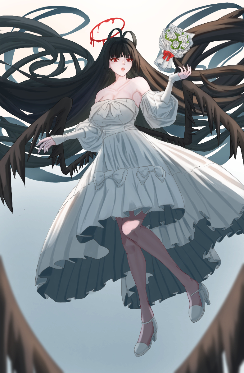 1girl antenna_hair black_hair black_wings blood blood_halo blue_archive bouquet breasts detached_sleeves dress flower halo high_heels highres large_breasts liquid_halo long_hair low_wings official_alternate_costume open_mouth puffy_sleeves red_eyes solo triple_angle tsurugi_(blue_archive) tsurugi_(dress)_(blue_archive) white_dress wings