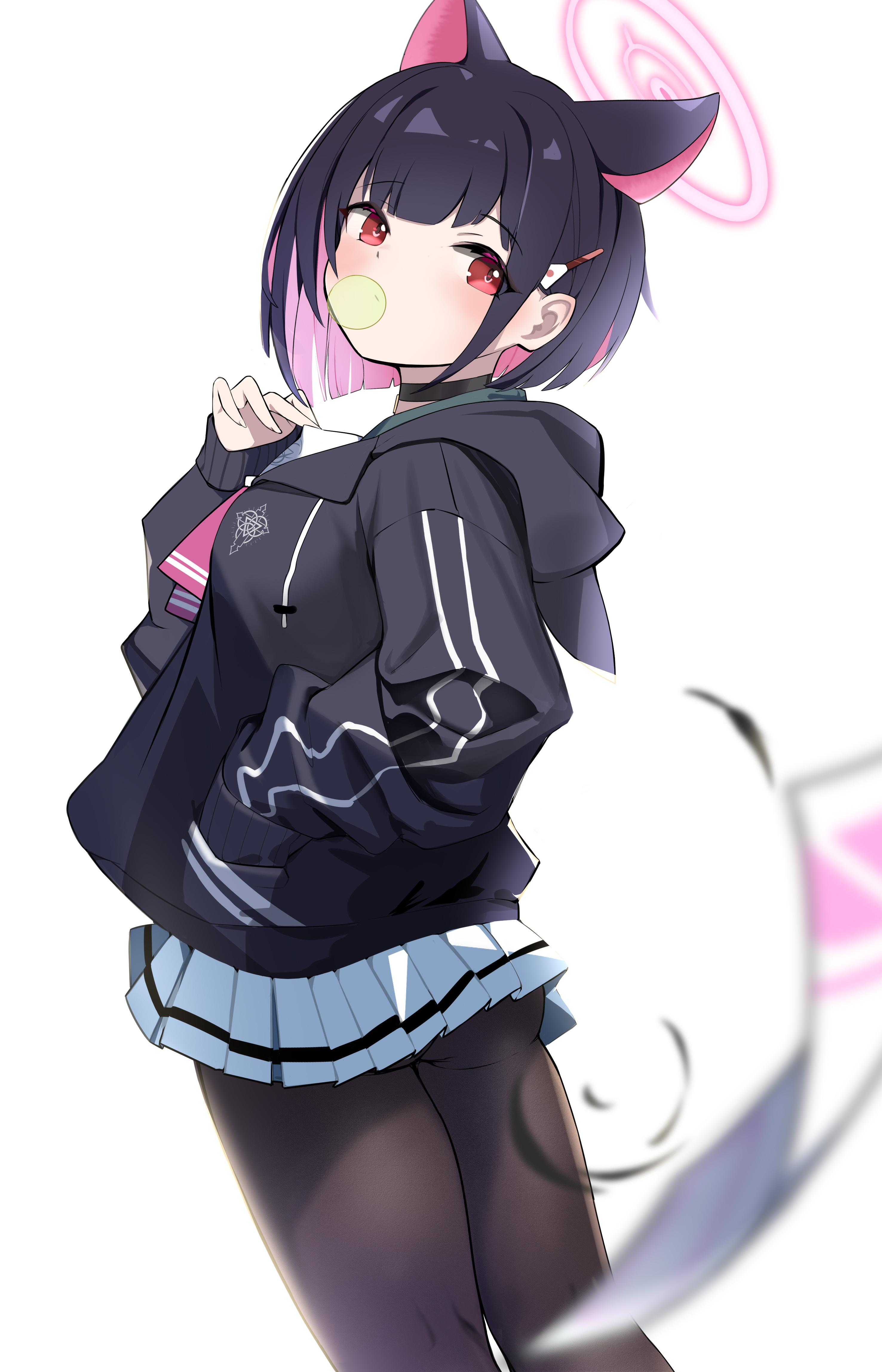 1girl absurdres animal_ears ass black_choker black_hair black_jacket black_pantyhose blue_archive blurry cat_ears cat_girl chewing_gum chinese_commentary choker colored_inner_hair commentary_request cowboy_shot depth_of_field fengqun food_in_mouth gacha_(game_mechanic) halo hand_in_pocket highres hood hooded_jacket jacket kazusa_(blue_archive) long_sleeves looking_at_viewer multicolored_hair pantyhose pink_hair pink_halo pleated_skirt red_eyes school_uniform short_hair simple_background skirt solo white_background white_skirt