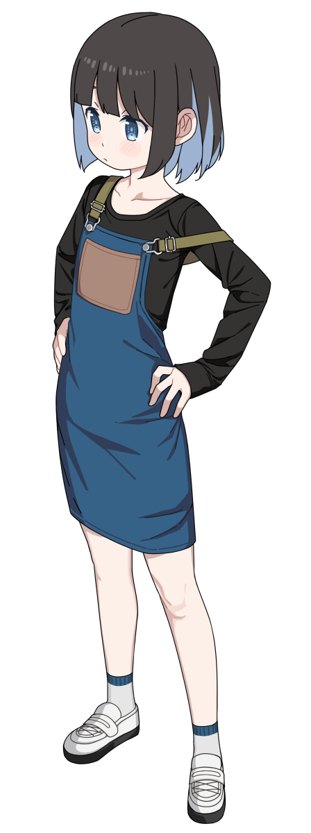1girl black_hair blue_eyes blush closed_mouth collarbone dress full_body hands_on_own_hips highres hozuki_momiji long_sleeves multicolored_hair onii-chan_wa_oshimai! saiste shirt shoes short_hair simple_background socks solo standing streaked_hair white_background