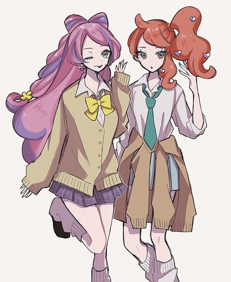 2girls bow earrings enekonoshippo27 eyeliner flower_earrings hair_ornament heart heart_hair_ornament jewelry makeup miriam_(pokemon) multiple_girls nail_polish necktie nintendo orange-tinted_eyewear orange_hair pink_eyeliner pink_hair pokemon pokemon_sv pokemon_swsh school_uniform shirt side_ponytail skirt sonia_(pokemon) striped_clothes striped_skirt sweater tinted_eyewear white_background white_shirt yellow_bow yellow_sweater