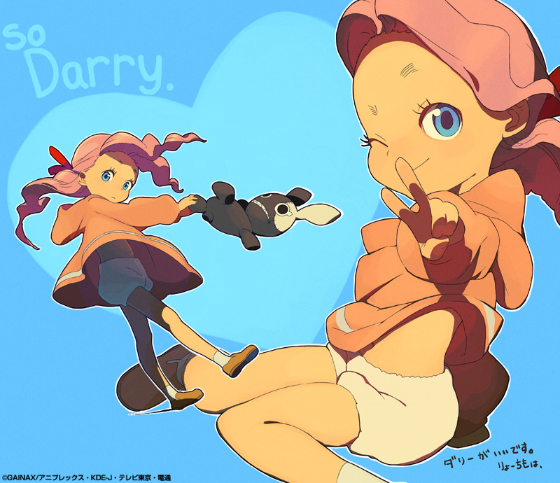 00s 1girl bloomers blue_eyes child darry_adai gainaxtop official_art one_eye_closed pantaloons pink_hair ponytail ryo_chimo stuffed_toy tengen_toppa_gurren_lagann underwear v wink