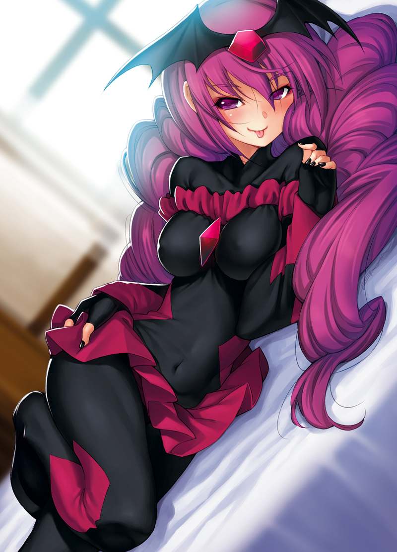 10s 1girl :p bad_end_happy bad_end_precure bat_wings bed_sheet black_bodysuit blush bodysuit breasts covered_erect_nipples covered_navel female_focus fingerless_gloves gem gloves head_wings impossible_clothes kazuma_muramasa long_hair looking_at_viewer lying nail_polish on_bed on_side precure purple_eyes purple_hair skirt smile_precure! solo tiara tongue tongue_out twintails wings