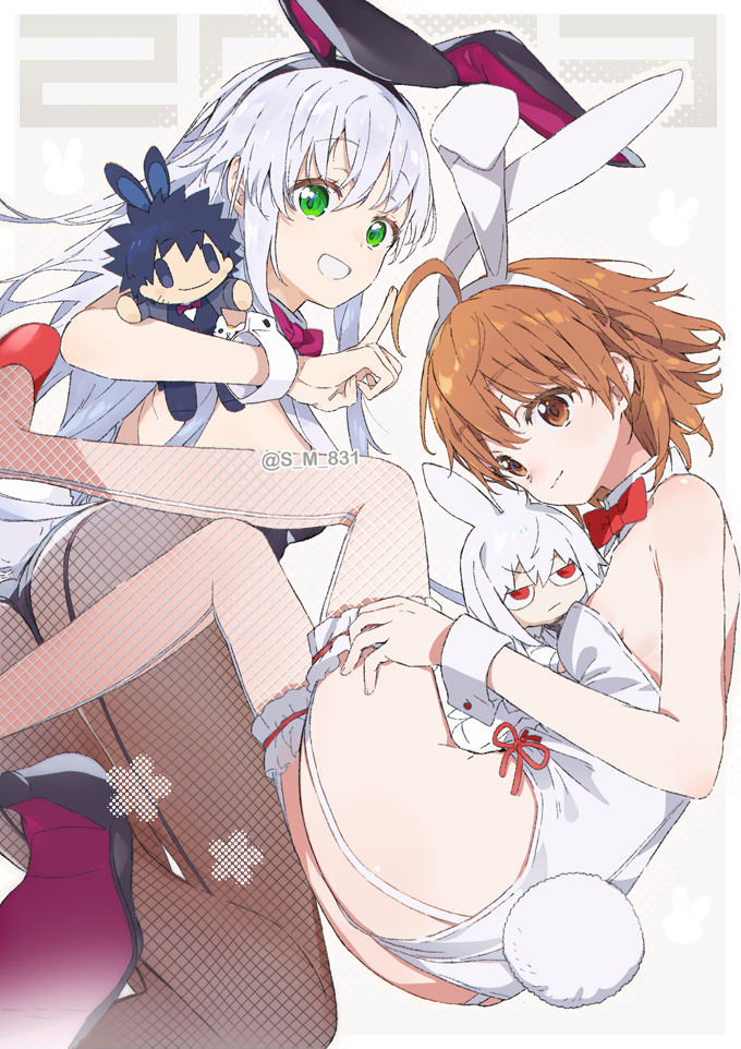 2023 2girls :d accelerator_(toaru_majutsu_no_index) ahoge animal_ears ass backless_leotard bare_shoulders black_footwear black_leotard black_pantyhose bob_cut bow bowtie breasts brown_eyes brown_hair character_doll chibi chinese_zodiac collar commentary curled_up detached_collar doll english_commentary fake_animal_ears fake_tail fishnet_pantyhose fishnets foot_out_of_frame frilled_thigh_strap from_behind from_side garter_straps green_eyes grin hair_between_eyes halftone halftone_background hand_on_own_leg high_heels holding holding_doll index_(toaru_majutsu_no_index) index_finger_raised kamijou_touma last_order_(toaru_majutsu_no_index) legs leotard light_smile long_hair looking_at_viewer looking_back looking_to_the_side medium_breasts multiple_girls new_year open_mouth pantyhose playboy_bunny purple_bow purple_bowtie rabbit_ears rabbit_symbol rabbit_tail raised_eyebrows red_bow red_bowtie red_eyes red_footwear s_m_831 short_hair small_breasts smile strapless strapless_leotard tail thigh_strap toaru_kagaku_no_railgun toaru_majutsu_no_index twitter_username white_collar white_hair white_leotard white_pantyhose wrist_cuffs year_of_the_rabbit