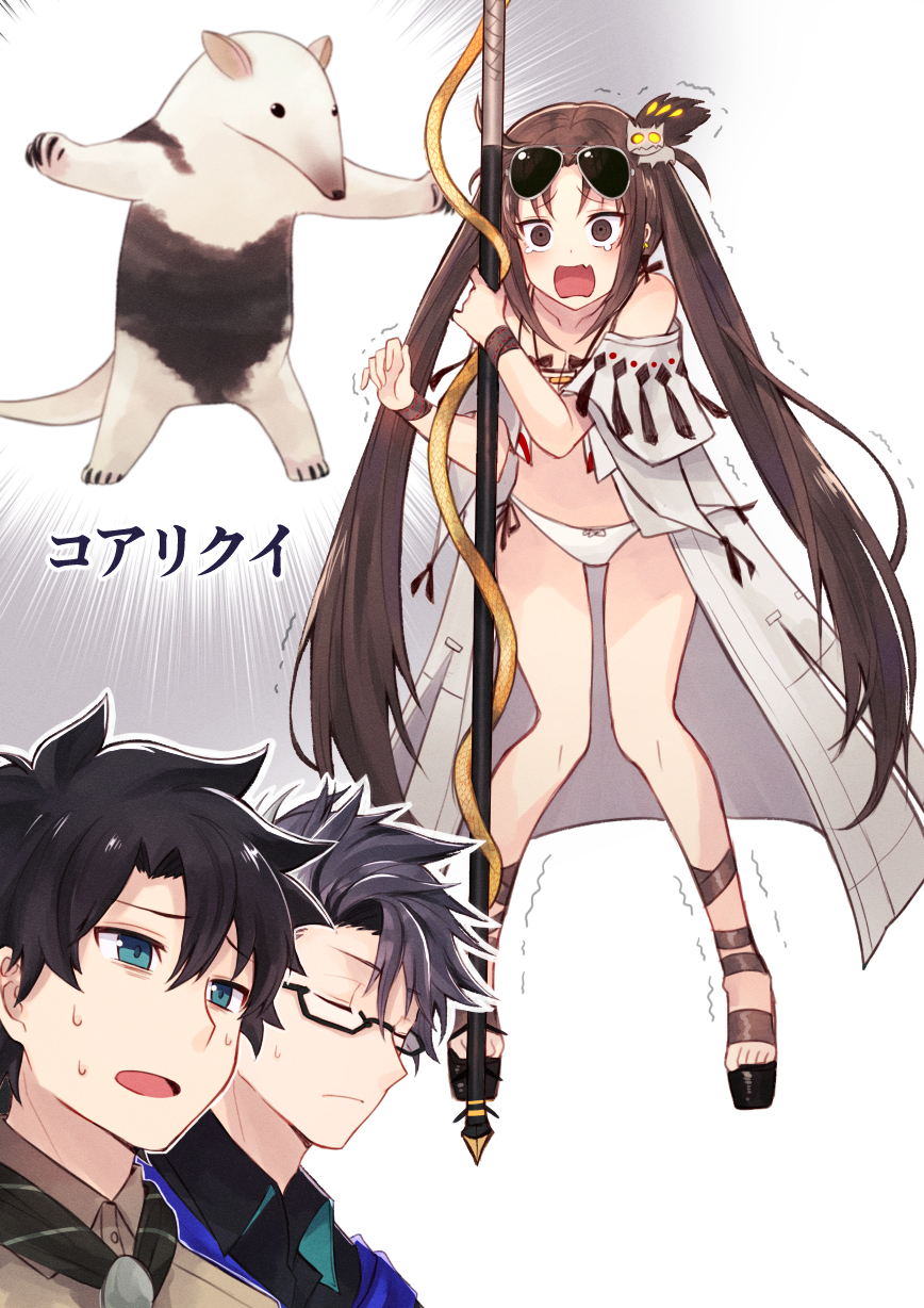 1girl 2boys anteater bare_shoulders bikini black_hair blue_eyes blush breasts brown_eyes brown_hair chaldea_pathfinder closed_mouth crying eyewear_on_head fate/grand_order fate_(series) fujimaru_ritsuka_(male) fujimaru_ritsuka_(male)_(chaldea_pathfinder) glasses grey_hair hair_ornament highres itsumi_mita long_hair looking_at_viewer medium_breasts multiple_boys navel official_alternate_costume open_clothes open_mouth robe short_hair sigurd_(fate) sigurd_(memories_with_my_lover)_(fate) spiked_hair sunglasses swimsuit translation_request twintails very_long_hair white_bikini yu_mei-ren_(fate) yu_mei-ren_(swimsuit_lancer)_(fate)