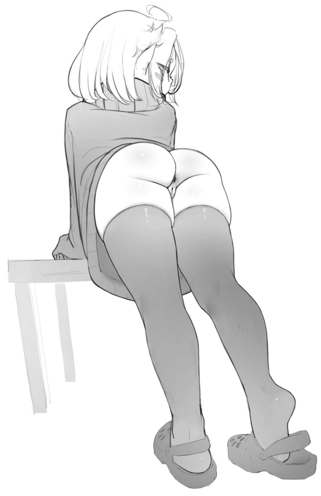 1girl ahoge anus arm_support ass blush_stickers cleft_of_venus crocs greyscale highres itsukarine leaning_forward looking_at_viewer looking_back monochrome original pointy_ears pussy short_hair simple_background solo standing sweatdrop table thighhighs white_background
