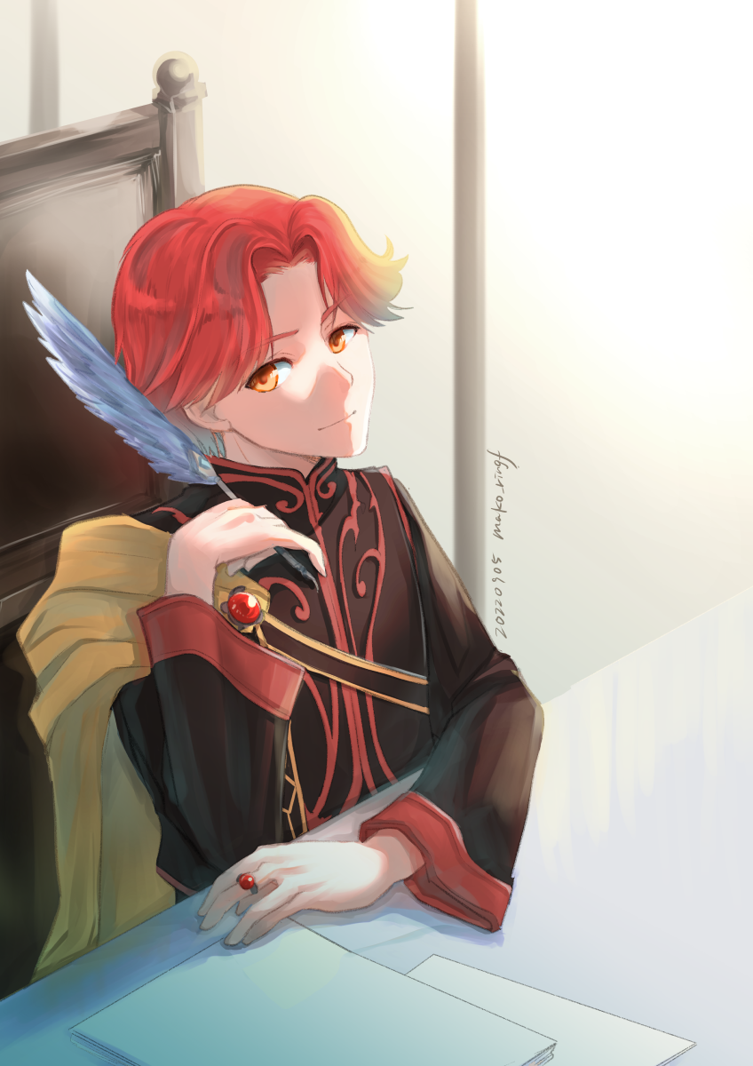 1boy black_robe dated gem hartmut_(honzuki_no_gekokujou) highres honzuki_no_gekokujou indoors jewelry looking_at_viewer mako_(reason_seal) male_focus orange_eyes paper quill red_gemstone red_hair ring robe short_hair sitting solo table