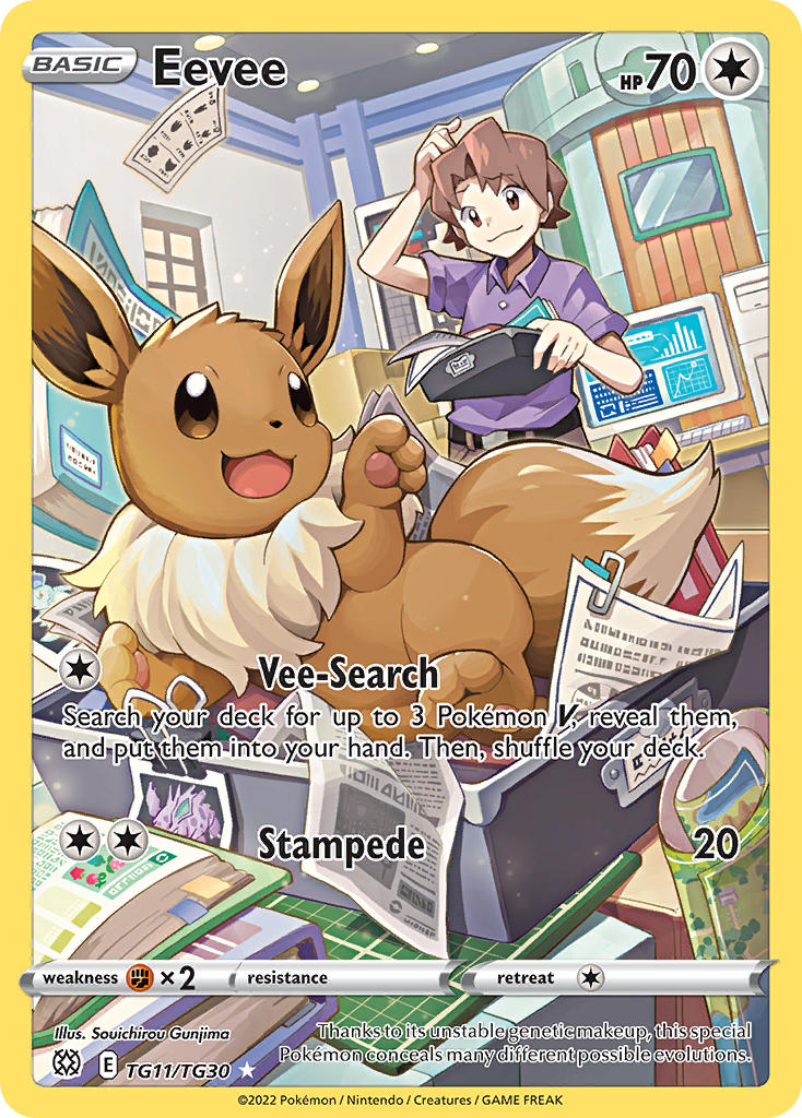 1boy :3 artist_name belt bill_(pokemon) black_belt book bookmark brown_eyes brown_hair brown_pants card_(medium) character_name closed_mouth collared_shirt company_name copyright_name copyright_notice eevee english_text gen_1_pokemon gunjima_souichirou hand_on_own_head holding indoors nidorino nintendo official_art open_mouth pants paper paperclip pokemon pokemon_(creature) pokemon_card pokemon_frlg pokemon_tcg purple_shirt shirt short_hair short_sleeves smile third-party_source trading_card window