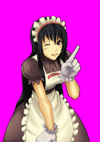 1girl apron black_hair brown_dress brown_eyes collared_dress commentary_request cowboy_shot dress frilled_apron frills gloves grin inaba515 index_finger_raised jasmine_(ragnarok_online) kafra_uniform leaning_forward looking_at_viewer lowres maid maid_headdress one_eye_closed pink_background puffy_short_sleeves puffy_sleeves ragnarok_online short_sleeves simple_background smile solo white_apron white_gloves