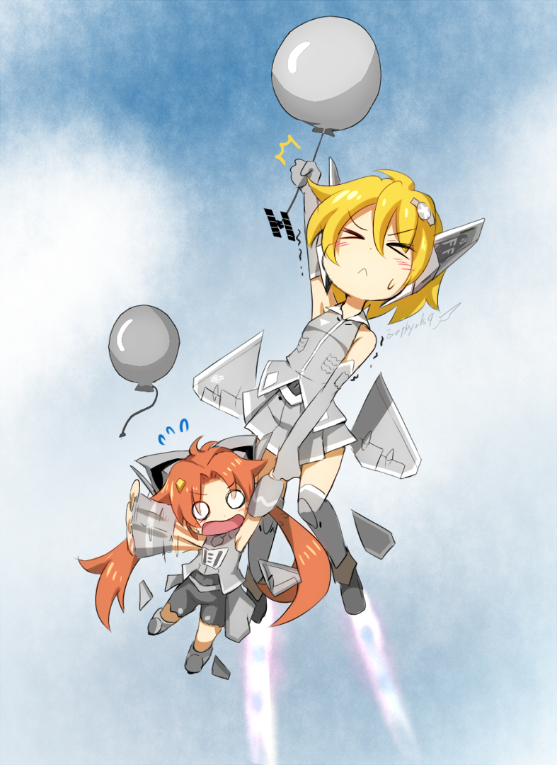 &gt;_&lt; 2girls aim-9_sidewinder aircraft airplane balloon blonde_hair carrying carrying_person elbow_gloves f-22_raptor fighter_jet full_body gloves headgear holding_hands military military_vehicle multiple_girls orange_hair original personification pleated_skirt skirt sky sleeveless sweatdrop thighhighs zephyr164 zettai_ryouiki