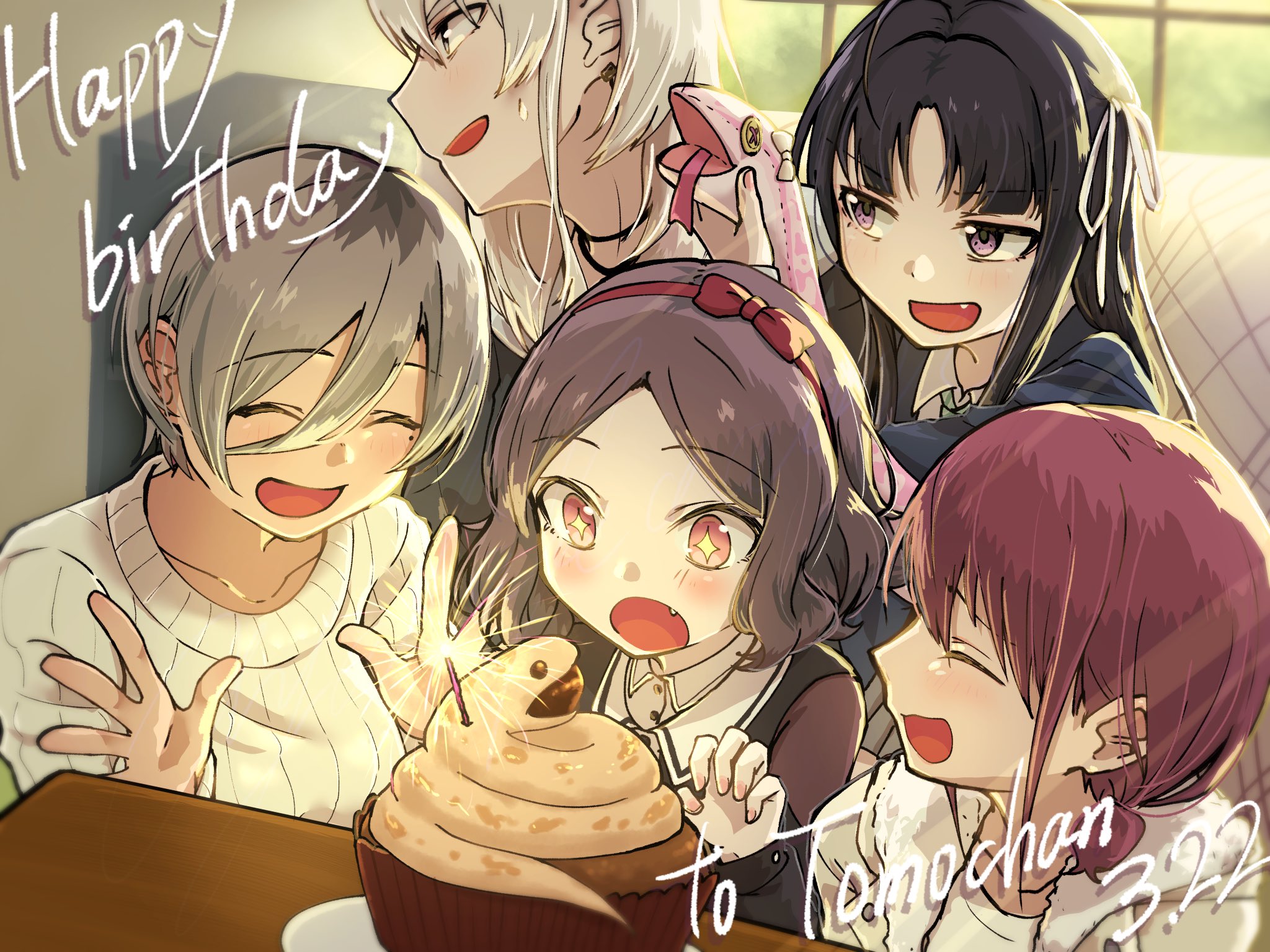 5girls ahoge awa_subaru ayataka_syumimi black_hair black_jacket blush brown_hair cake closed_eyes collarbone commentary ebizuka_tomo fang food girls_band_cry grey_eyes grey_hair hair_between_eyes hands_up happy_birthday highres iseri_nina jacket kawaragi_momoka long_hair long_hair_between_eyes long_sleeves low_twintails mole mole_under_eye multicolored_hair multiple_girls open_mouth parted_bangs purple_eyes red_eyes ribbon ribbon_hair roots_(hair) rupa_(girls_band_cry) shirt short_hair short_twintails sidelocks star-shaped_pupils star_(symbol) stuffed_snake sweatdrop sweater symbol-shaped_pupils togenashi_togeari twintails white_ribbon white_shirt white_sweater