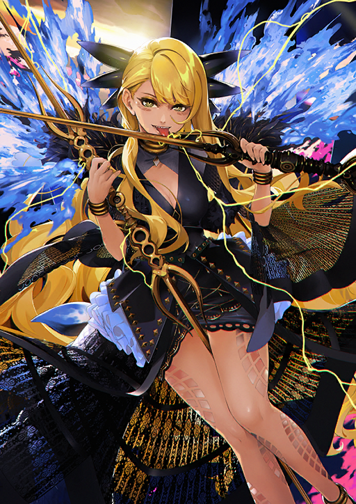 1girl anklet asymmetrical_dual_wielding bangle between_legs black_dress black_shrug blonde_hair blue_fire blue_tail bracelet breasts cleavage cleavage_cutout clothing_cutout dragon_girl dragon_tail dress dual_wielding electricity eyeshadow facial_mark fate/grand_order fate_(series) feet_out_of_frame fire floating_hair fur-trimmed_shrug game_cg gold_bracelet gold_choker hands_up holding holding_polearm holding_weapon horns jewelry la-na legs_together licking licking_weapon long_hair long_sidelocks long_skirt looking_at_viewer makeup medium_breasts official_art overskirt polearm scales sharp_teeth short_dress shrug_(clothing) sidelocks skirt solo swept_bangs tail teeth third-party_source three-quarter_sleeves tongue tongue_out very_long_hair vritra_(fate) vritra_(second_ascension)_(fate) weapon weapon_between_legs wide_sleeves yellow_eyes yellow_eyeshadow