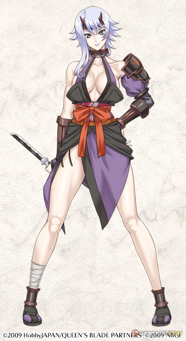 1girl bandages bare_shoulders breasts cleavage dagger eiwa female_focus grey_eyes knife light_purple_hair lipstick long_hair makeup panties queen&#039;s_blade rin-sin shizuka_(queen&#039;s_blade) side-tie_panties solo standing underwear weapon