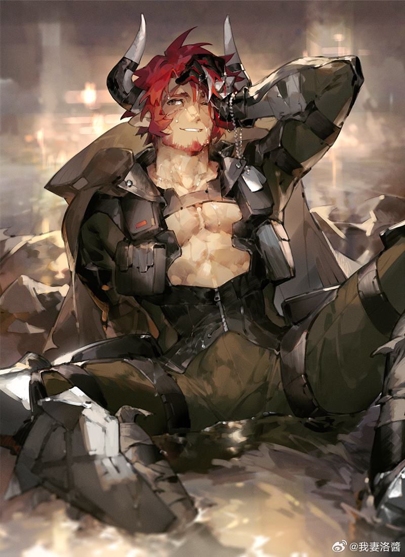 1boy animal_ears arknights bara bare_pectorals beard bulge commentary cow_boy cow_ears cow_horns dog_tags facial_hair hand_on_own_face holding_dog_tags horns humus_(arknights) male_focus muscular muscular_male on_floor one_eye_closed pectorals red_hair scorpion5050 sitting smile watermark weibo_username weibo_watermark wet