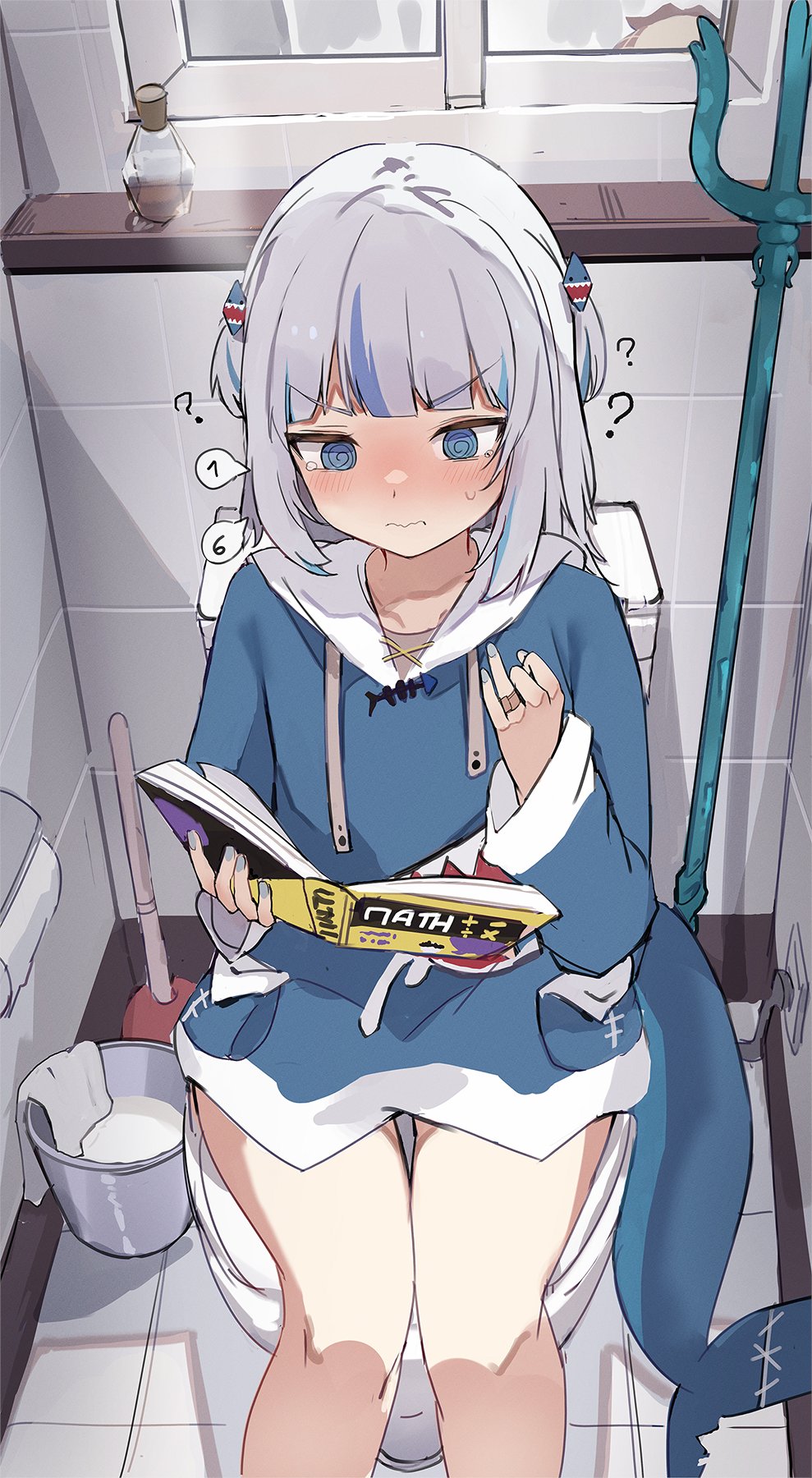 1girl ? @_@ blue_eyes blue_hoodie blush book bucket closed_mouth commentary counting english_commentary finger_counting fins fish_tail gawr_gura gawr_gura_(1st_costume) hair_ornament highres holding holding_book hololive hololive_english hood hoodie low_twintails medium_hair multicolored_hair on_toilet orobou plunger polearm reading sidelocks solo streaked_hair tail tears toilet trident twintails v-shaped_eyebrows virtual_youtuber wavy_mouth weapon white_hair