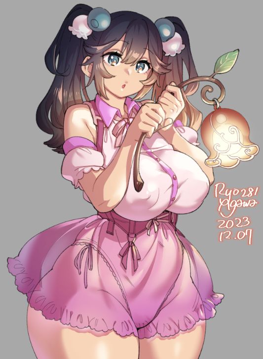 1girl agawa_ryou blueberry_hair_ornament breasts brown_hair covered_erect_nipples curvy dated food-themed_hair_ornament grey_eyes hair_ornament lamp large_breasts light puffy_nipples solo thick_thighs thighs twintails wide_hips