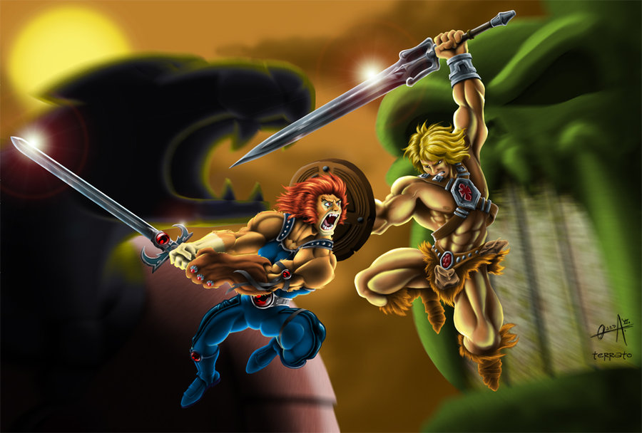 2boys armor blonde_hair crossover fighting fur he-man lion-o masters_of_the_universe mistermoster mountain multiple_boys non-web_source orange_fur orange_hair sun sword thundercats weapon