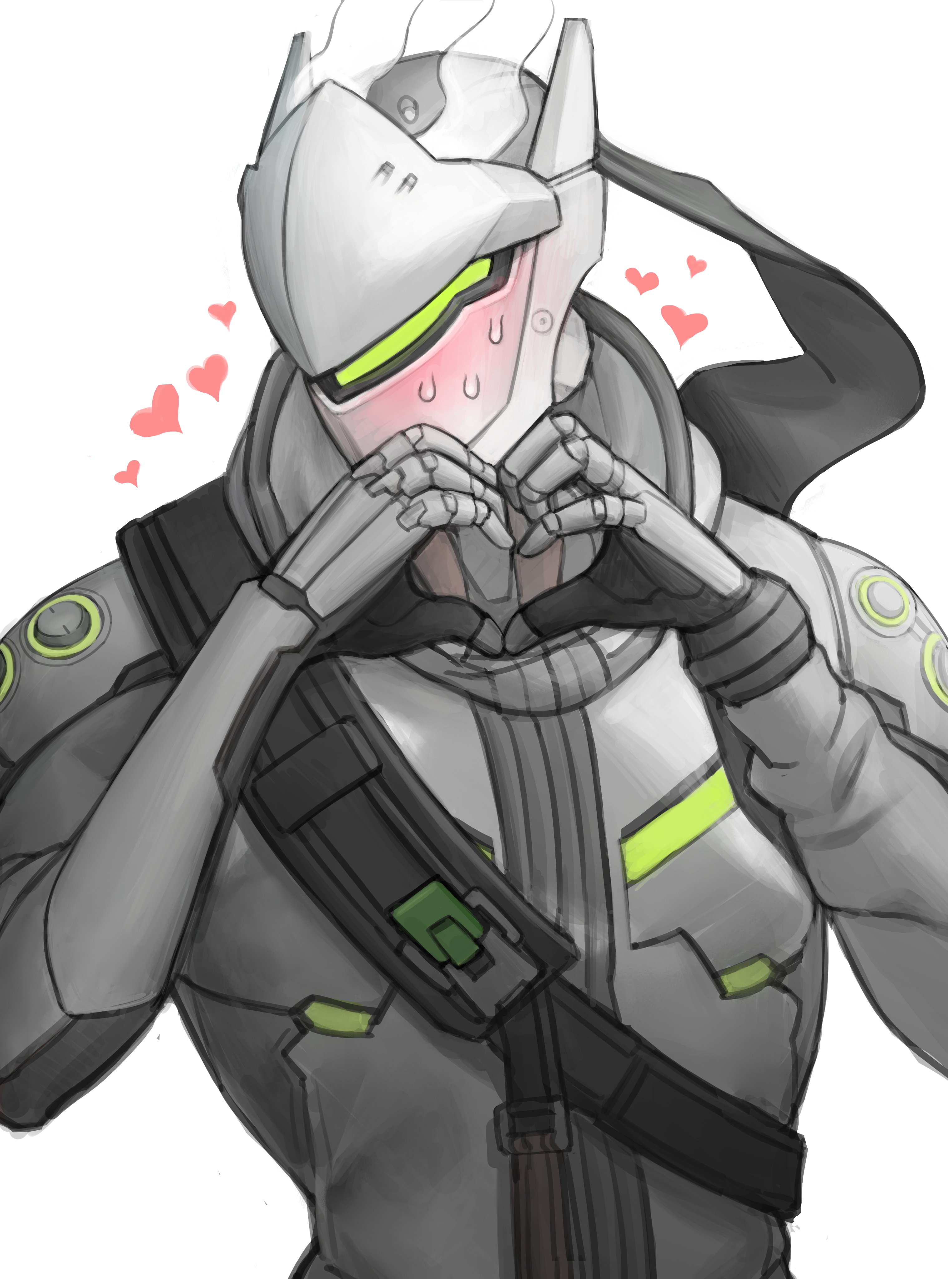 1boy absurdres arms_up black_straps blush chest_strap commentary cyborg embarrassed genji_(overwatch) grey_hoodie hashtag-only_commentary heart heart_hands highres hood hood_down hoodie long_sleeves looking_to_the_side male_focus overwatch overwatch_2 simple_background solo steam sweat sweatdrop tnd4015 upper_body white_background