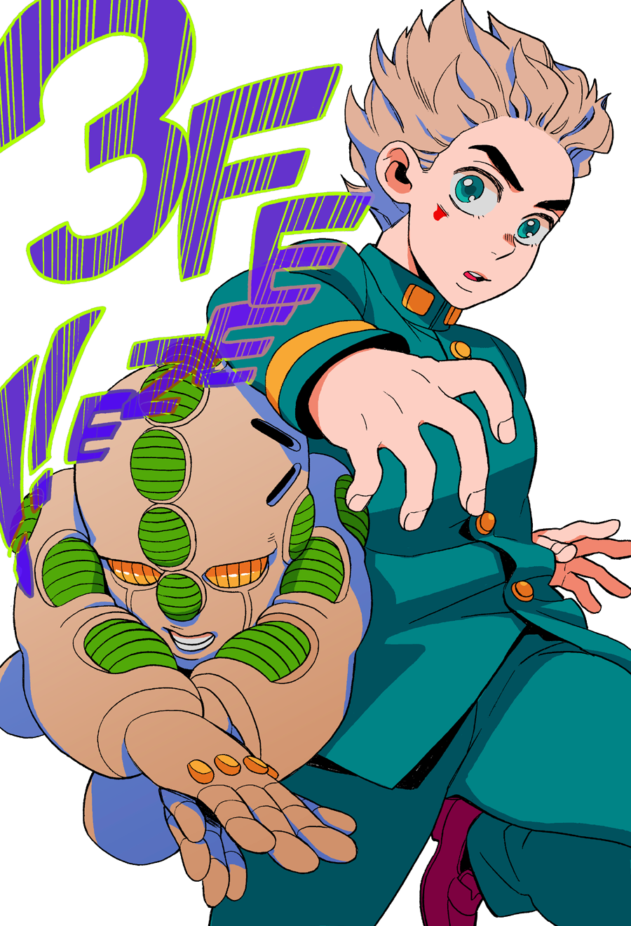 1boy blood blood_on_face clenched_teeth cuts echoes_(stand) echoes_act3 gakuran green_eyes highres hirose_koichi injury jojo_no_kimyou_na_bouken light_brown_hair male_focus md5_mismatch mikey_uo open_mouth resolution_mismatch school_uniform source_smaller stand_(jojo) teeth