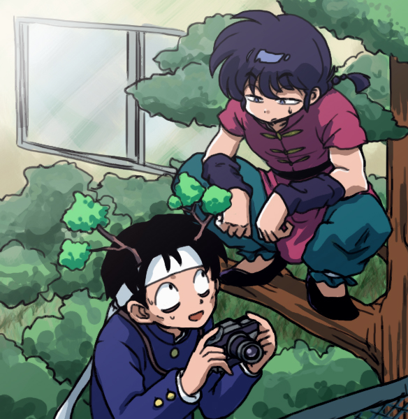 2boys black_hair black_shoes braid braided_ponytail camera gosunkugi_hikaru holding holding_camera multiple_boys open_mouth ranma_1/2 saotome_ranma shoes tree wanta_(futoshi) window