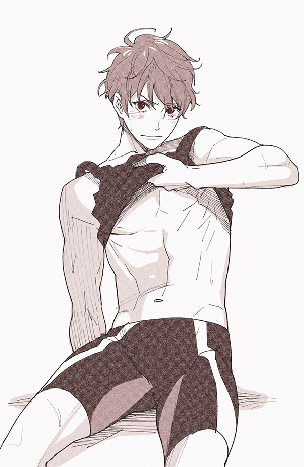 1boy abs blush clothes_lift high_speed! kirishima_natsuya male_focus megumi-square monochrome muscular pectorals shirt_lift solo tagme undressing white_background