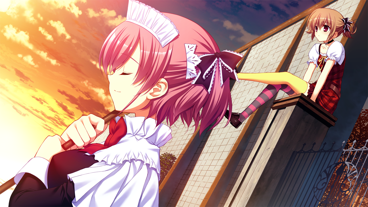 2girls asymmetrical_legwear black_bow black_choker black_dress black_shoes bow bowtie breasts broom brown_hair choker closed_eyes closed_mouth cloud concrete_wall dress dutch_angle frilled_bow frills from_side fumio_(ura_fmo) game_cg gate grisaia_(series) grisaia_no_rakuen hair_bow holding holding_broom irisu_makina komine_sachi large_breasts loafers maid maid_headdress mismatched_legwear multiple_girls non-web_source official_art outdoors pink_hair plaid_clothes plaid_dress profile puffy_short_sleeves puffy_sleeves red_bow red_bowtie red_dress red_eyes shoes short_hair short_sleeves sitting_on_wall sky smile striped_clothes striped_thighhighs sunset thighhighs yellow_theme