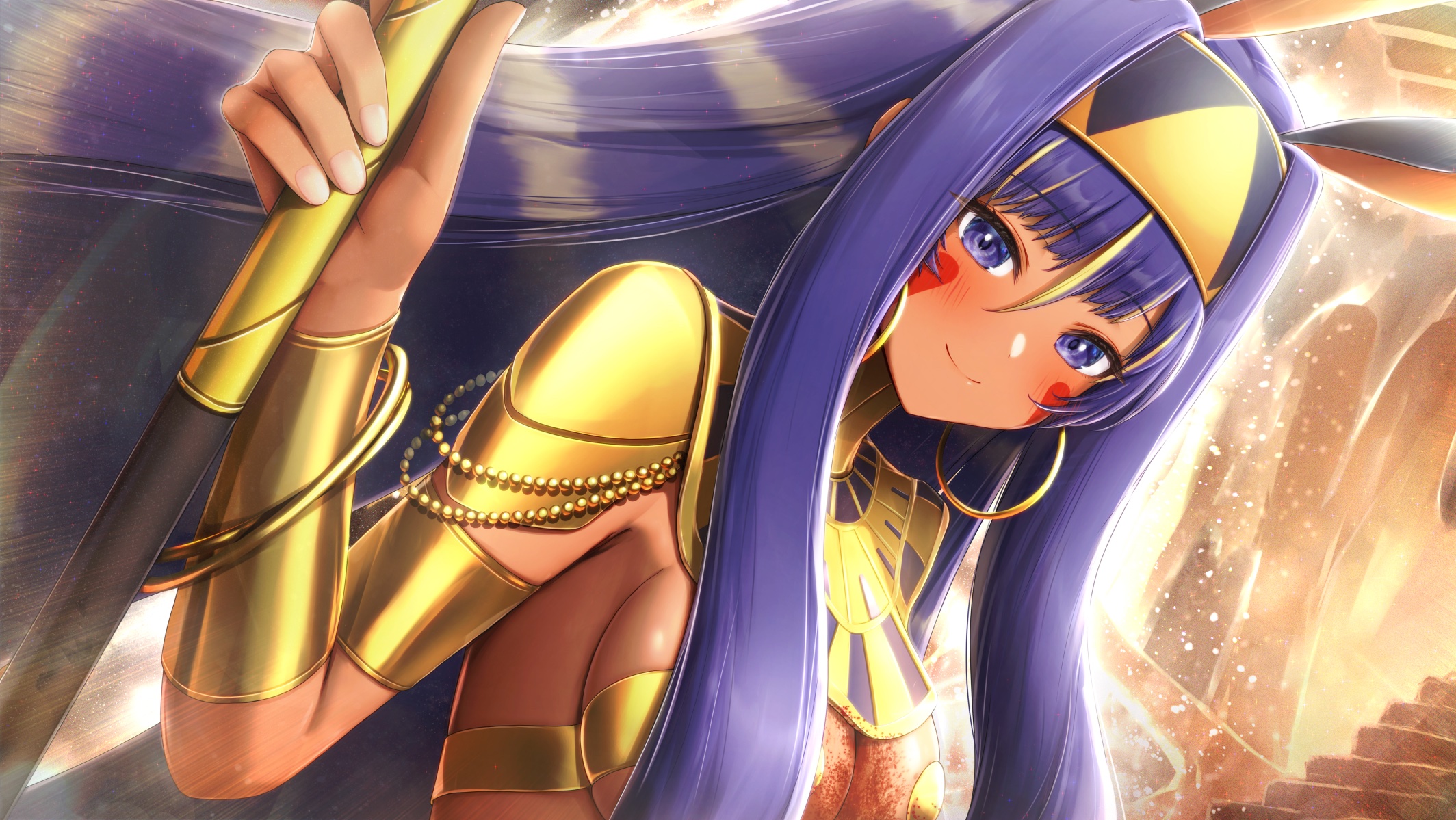 1girl animal_ears armor blonde_hair blush body_jewelry bracer breasts dark-skinned_female dark_skin earrings facepaint facial_mark fate/grand_order fate_(series) hairband highres hoop_earrings jackal_ears jewelry long_hair looking_at_viewer medium_breasts multicolored_hair navel nitocris_(fate) nitocris_(third_ascension)_(fate) particle_sfs pauldrons purple_eyes purple_hair shoulder_armor sidelocks smile solo staff two-tone_hair usekh_collar very_long_hair