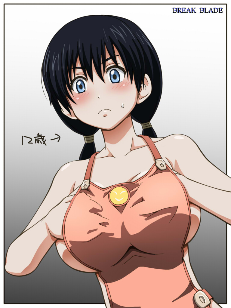 &gt;:( 1girl apron awa black_hair blue_eyes blush break_blade breast_hold breasts cleo_saubraffe copyright_name female_focus frown large_breasts long_hair low_twintails naked_apron sideboob solo translation_request twintails v-shaped_eyebrows
