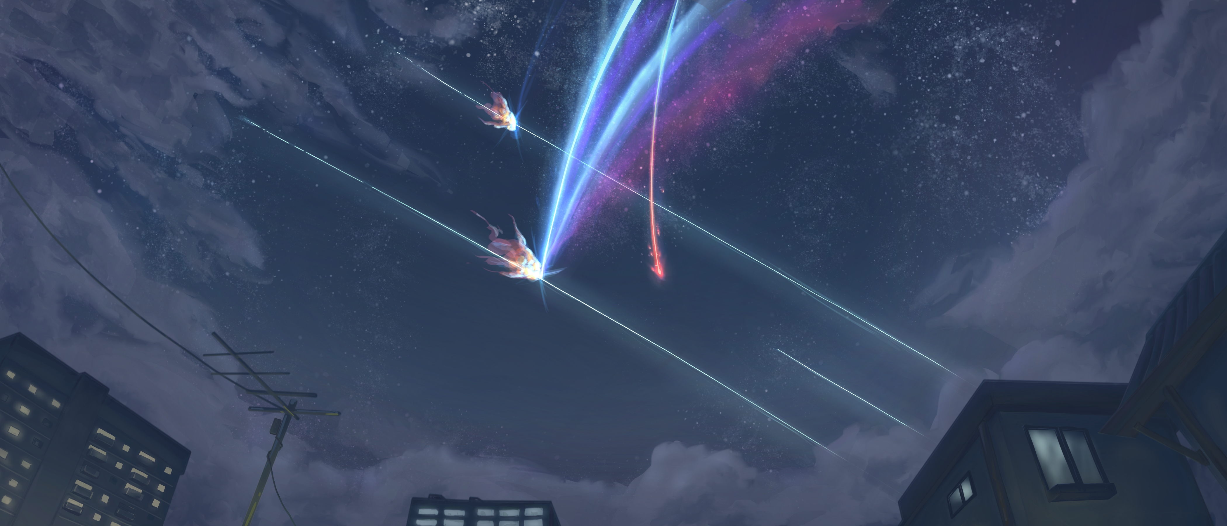 absurdres ace_combat building cloud comet commentary crossover explosion highres kimi_no_na_wa. night night_sky no_humans scenery sky star_(sky) starry_sky stevos_art stonehenge_(ace_combat) weather_vane