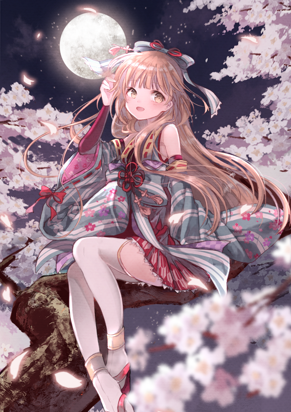 10s 1girl blurry blush brown_eyes brown_hair cherry_blossoms depth_of_field detached_sleeves female_focus floral_print from_side full_moon hair_ornament hand_in_own_hair hand_up idolmaster idolmaster_cinderella_girls idolmaster_cinderella_girls_starlight_stage japanese_clothes kimono long_hair looking_at_viewer moon night open_mouth oro_ponzu outdoors petals sitting smile solo thighhighs yorita_yoshino