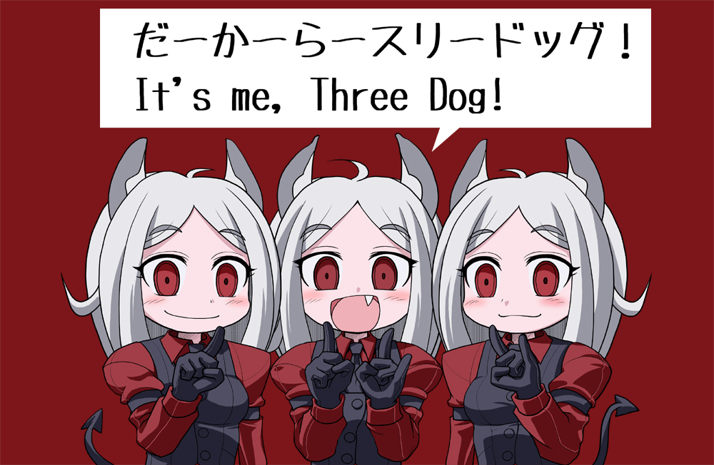 3girls animal_ears bilingual_text black_gloves black_vest cerberus_(helltaker) demon_girl demon_tail dog_ears dog_girl fallout fallout_3 fang gloves hachimyaku helltaker long_hair looking_at_viewer mixed-language_text multilingual_text multiple_girls necktie red_background red_eyes red_shirt shirt smile tail triplets vest waistcoat white_hair