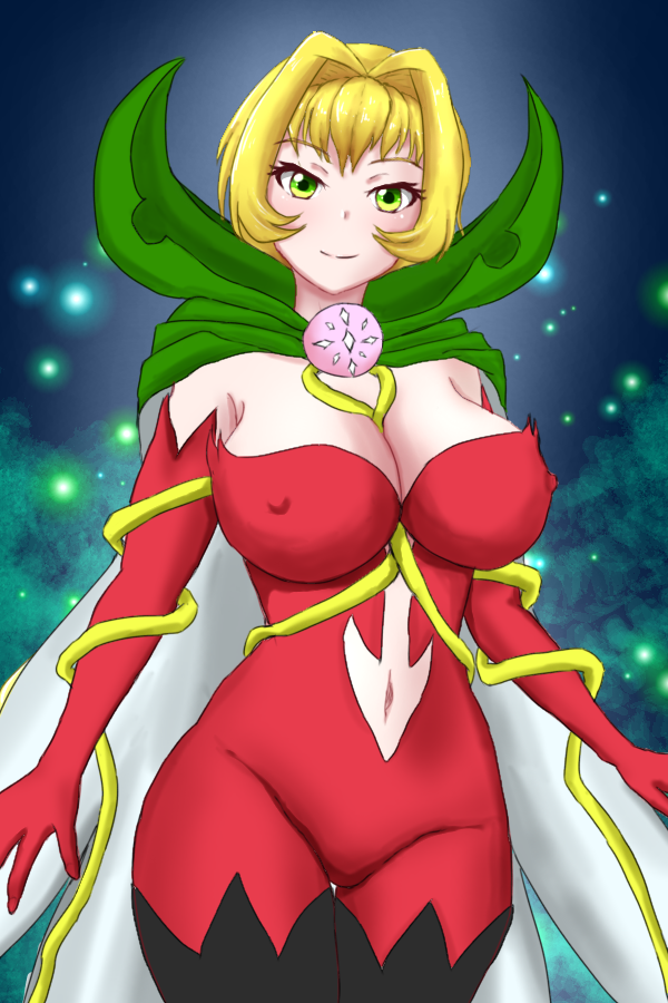1girl armpit_crease between_breasts black_boots blonde_hair bodysuit boots breasts brooch cape cleavage closed_mouth clothing_cutout commentary_request covered_erect_nipples cowboy_shot digimon digimon_(creature) digimon_adventure:_(2020) digimon_adventure_tri. digimon_savers elbow_gloves fusion gloves green_cape green_eyes hair_between_eyes hair_intakes jewelry large_breasts long_hair navel navel_cutout no_mask plant red_bodysuit red_gloves rosemon sidelocks smile solo standing thigh_boots thigh_gap tiferet vine_whip vines whip withlike