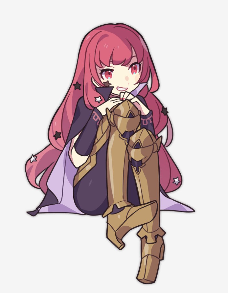 1girl breasts cape facial_mark fire_emblem fire_emblem_engage haconeri hair_ornament long_hair looking_at_viewer nintendo red_eyes red_hair simple_background smile solo star_(symbol) star_facial_mark star_hair_ornament yunaka_(fire_emblem)