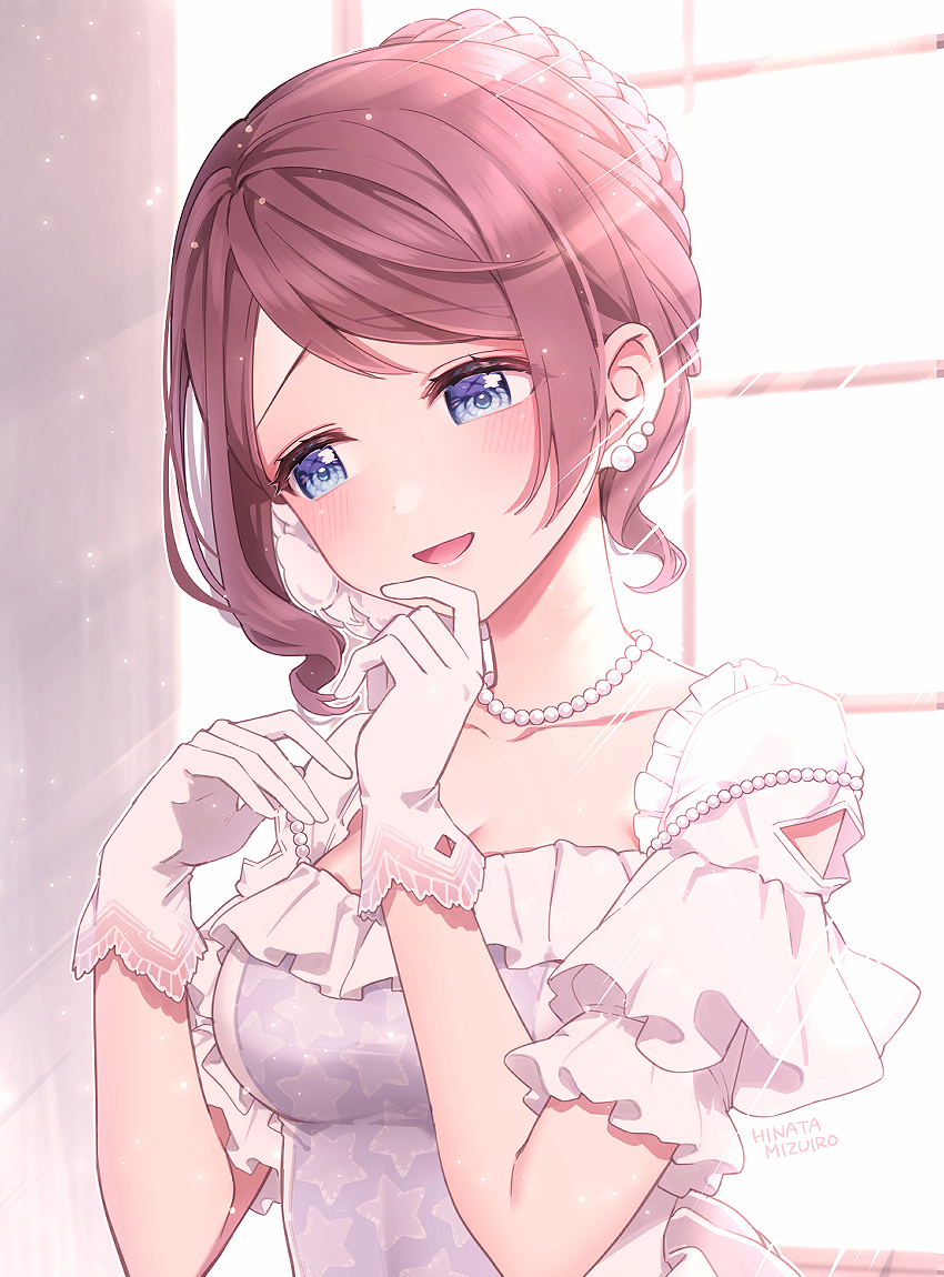 1girl alternate_costume alternate_hairstyle artist_name blue_eyes bluhs breasts brown_hair commentary_request dress earrings gloves hands_up hinata_mizuiro indoors jewelry large_breasts mochizuki_honami necklace open_mouth pearl_earrings pearl_necklace project_sekai short_sleeves sidelocks smile solo swept_bangs upper_body wedding_dress white_dress white_gloves window