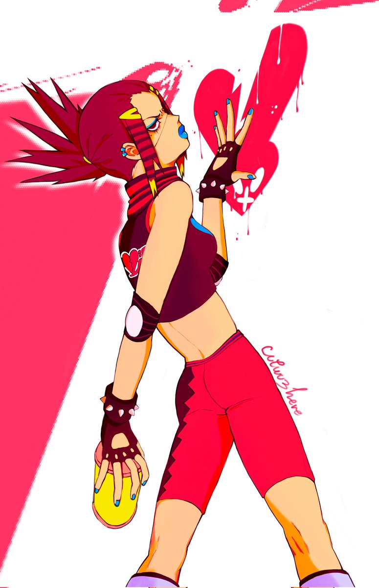 1girl ass back bike_shorts cortaunatijera earrings fingerless_gloves forehead gloves hair_ornament highres jet_set_radio jewelry love_shockers midriff nail_polish red_hair sega sidelocks spiked_hair spray_can
