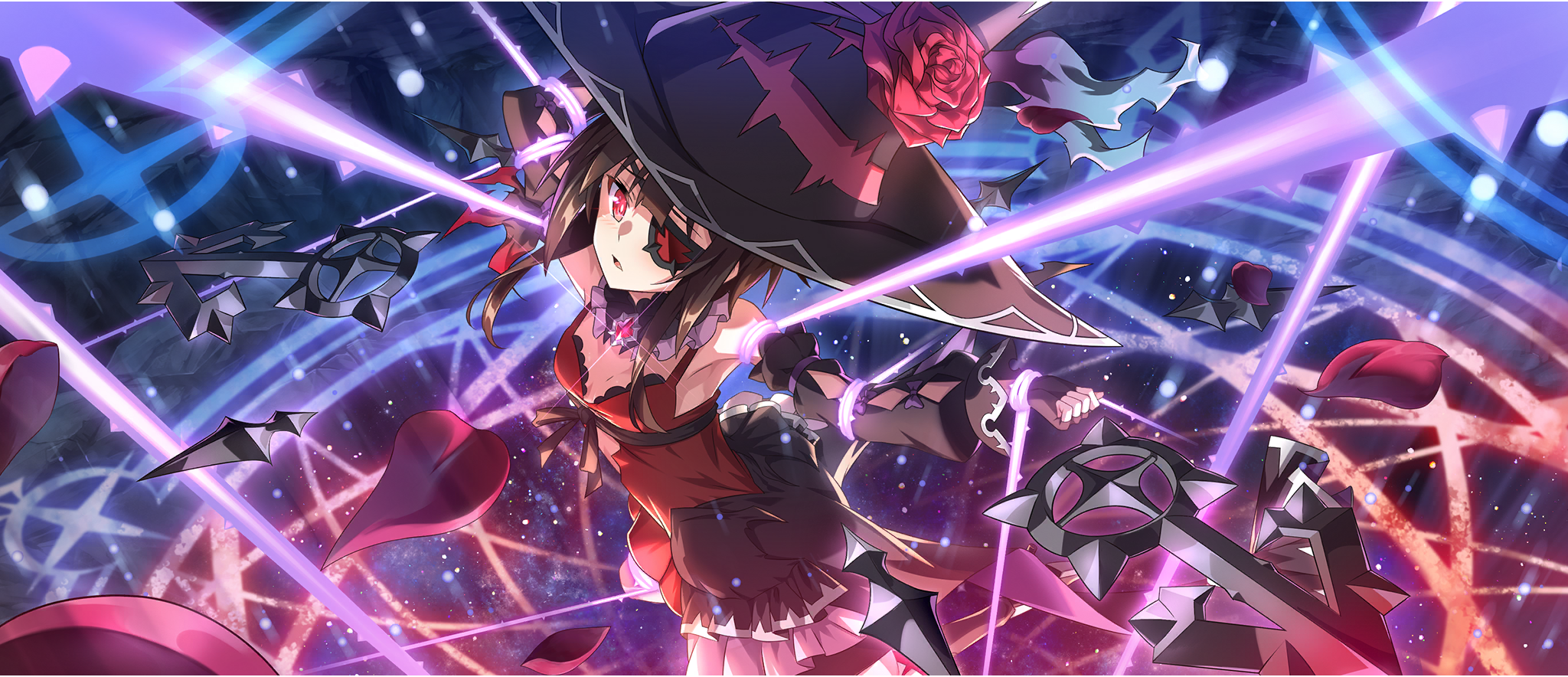 1girl black_collar black_gloves black_hat black_sash breasts brown_hair collar collar_jewel detached_sleeves dress eyepatch fingerless_gloves flower frilled_collar frills game_cg gem gloves glowing glowing_eye hat hat_flower highres kono_subarashii_sekai_ni_shukufuku_wo! konosuba!_fantastic_days looking_at_viewer magic_circle megumin official_alternate_costume official_art parted_lips red_dress red_eyes red_flower red_gemstone red_petals restrained sash short_hair short_hair_with_long_locks sidelocks sleeveless sleeveless_dress small_breasts solo witch_hat