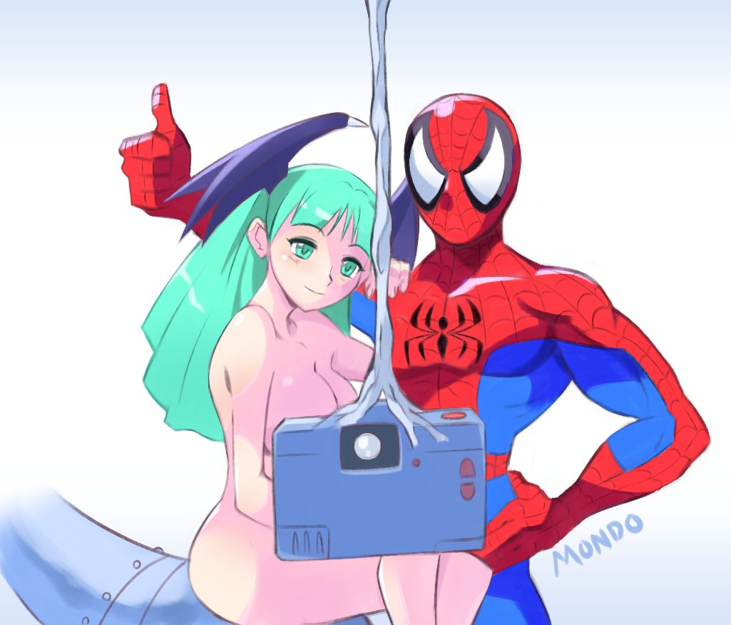 1boy 1girl artist_name blue_bodysuit bodysuit breasts camera clothed_male_nude_female completely_nude covering_face demon_girl demon_wings derivative_work green_eyes green_hair hand_on_another&#039;s_shoulder hand_on_own_hip head_wings large_breasts long_hair marvel marvel_vs._capcom marvel_vs._capcom_3 morrigan_aensland nude red_bodysuit simple_background spider-man spider-man_(series) supermondobeat thumbs_up darkstalkers white_background wings
