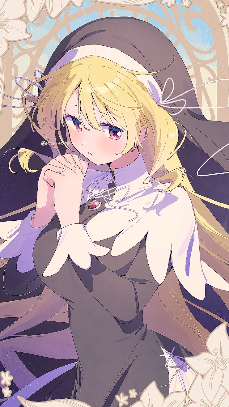 1girl black_dress black_veil blonde_hair capelet chest_jewel coif commentary_request cowboy_shot cross-laced_clothes cross-laced_dress dot_nose dress expressionless eyelashes flower gem hair_between_eyes highres interlocked_fingers light_blush lily_(flower) long_dress long_hair long_sleeves magia_record:_mahou_shoujo_madoka_magica_gaiden mahou_shoujo_madoka_magica nun official_alternate_costume own_hands_clasped own_hands_together parted_lips pink_eyes praying red_gemstone serizawa_serizane solo togame_momoko togame_momoko_(sister_ver.) twitter_username veil very_long_hair white_capelet white_flower white_sleeve_cuffs window