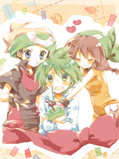 00s 1girl 2boys :3 amamiya_kabosu bandana blue_eyes brendan_(pokemon) brendan_(pokemon_emerald) brown_hair closed_eyes fingerless_gloves gen_3_pokemon gloves green_eyes green_hair hat hug may_(pokemon) may_(pokemon_emerald) multiple_boys nintendo open_mouth pokemon pokemon_(creature) pokemon_rse ralts ribbon tegaki wally_(pokemon)