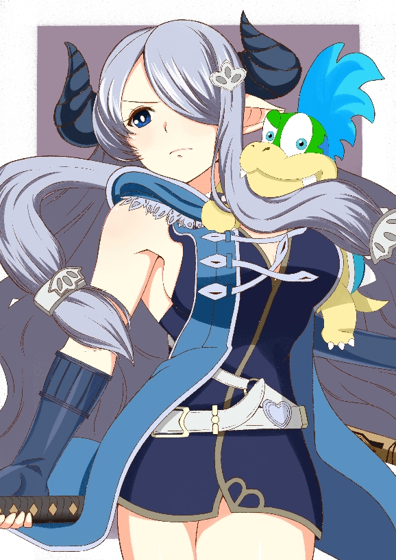 1boy 1girl akineko_(momizi0612) blue_eyes blue_hair breasts cleavage expressionless fangs gloves granblue_fantasy hair_over_one_eye horns larry_koopa long_hair mario_(series) narmaya_(granblue_fantasy) nintendo purple_hair skirt smile spikes standing super_mario_bros._3 sword tail weapon