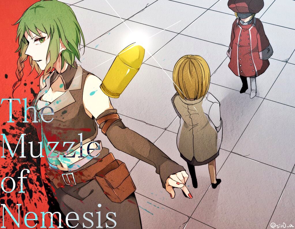 3girls asterisk_(oa_ir) bare_shoulders boots braid bullet buttons cabbie_hat coat collar crop_top detached_collar detached_sleeves double-breasted evillious_nendaiki frown green_eyes green_hair grey_collar grey_footwear grey_skirt grey_sleeves gumi hands_in_pockets hat holster jacket kagamine_rin lab_coat levia_barisol lilith_baldured long_skirt looking_at_viewer midriff miniskirt multiple_girls navel nemesis_no_juukou_(vocaloid) nemesis_sudou oversized_clothes oversized_hat red_headwear red_jacket red_nails side_braid skirt sleeveless sleeveless_jacket sleeves_past_fingers sleeves_past_wrists song_name tile_floor tiles very_long_sleeves vocaloid wavy_hair white_coat
