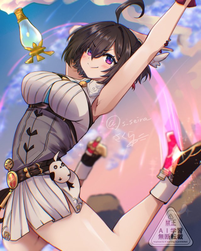 1girl :&gt; ahoge armpits asymmetrical_bangs atelier_(series) atelier_yumia between_breasts black_hair blurry blurry_background breasts closed_mouth commentary_request dress flammi_(atelier) grey_corset hair_between_eyes high_heels jumping large_breasts midair multicolored_hair outstretched_arm parted_bangs purple_eyes red_hair snowstar solo sparkle strap_between_breasts streaked_hair stuffed_animal stuffed_bird stuffed_toy two-tone_hair v-shaped_eyebrows white_dress yumia_liessfeldt