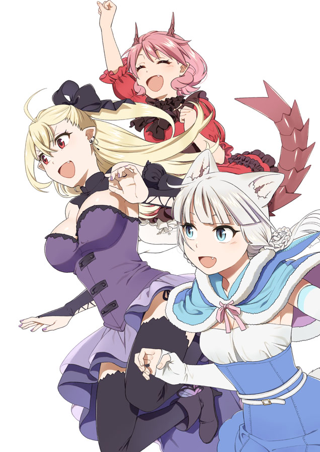 3girls :d ^_^ animal_ear_fluff animal_ears arm_up black_bow black_footwear black_legwear blonde_hair blue_capelet blue_skirt blush boots bow braid breasts capelet carmilla_vanstein closed_eyes commentary_request dragon_girl dragon_horns dragon_tail dress earrings elbow_gloves fafnir_guildmelag_linda_blair_hanako fang fingerless_gloves frilled_dress frills fur-trimmed_capelet fur_trim gloves hair_between_eyes hair_bow hataage!_kemono_michi high-waist_skirt high_heel_boots high_heels horns jewelry long_hair mattaku_mousuke medium_breasts multiple_girls nail_polish official_art open_mouth pink_hair puffy_short_sleeves puffy_sleeves purple_dress purple_nails red_dress red_eyes shigure_(kemonomichi) shirt short_sleeves silver_hair simple_background skirt small_breasts smile strapless strapless_dress stud_earrings tail thighhighs very_long_hair white_background white_gloves white_shirt