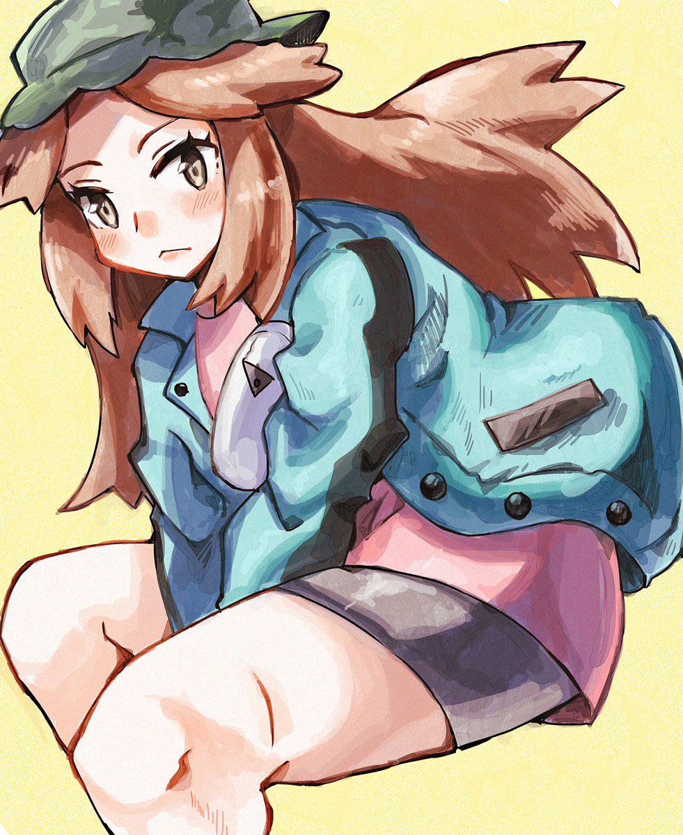 1girl :&lt; anidler91 between_legs bike_shorts black_shorts blue_jacket brown_hair camouflage_headwear closed_mouth green_hat hand_between_legs hat highres jacket leaf_(pokemon) leaf_(sygna_suit)_(pokemon) long_hair long_shirt long_sleeves nintendo open_clothes open_jacket pink_shirt pokemon pokemon_masters_ex shirt shorts sitting solo v_arms white_eyes yellow_background