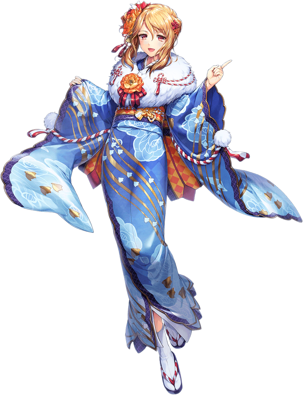 1girl anne_marie_(unitia) artist_request blonde_hair blue_kimono breasts floral_print floral_print_kimono flower full_body game_cg hair_flower hair_ornament highres japanese_clothes kimono official_alternate_costume official_art open_mouth pink_eyes print_kimono solo source_request transparent_background unitia