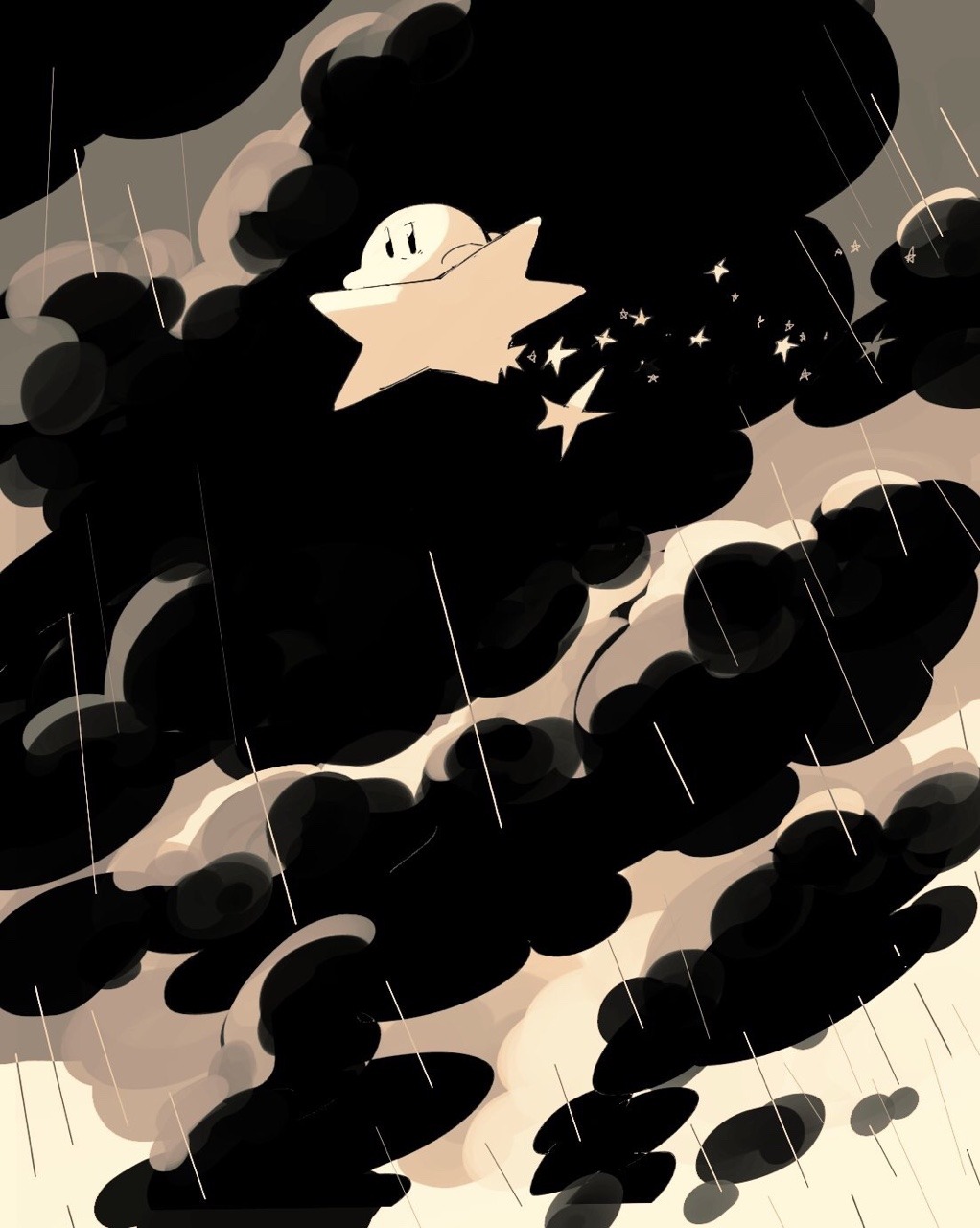 cloud dark_clouds greyscale highres kirby kirby_(series) monochrome nintendo rain soumenhiyamugi warp_star